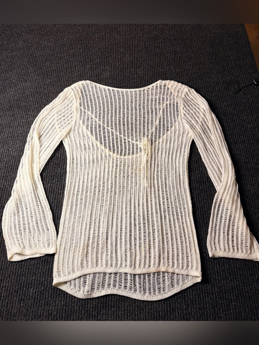 Cream Open Knit Crochet Swimsuit Cover Up Mini Dress Long Sleeve